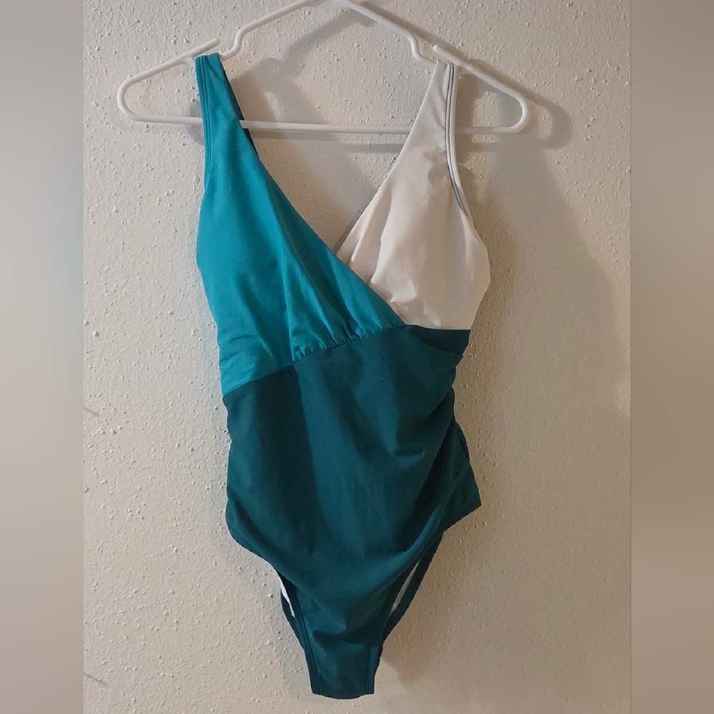 Chic Teal, Green and White On-Piece Swimsuit (Sz. S)